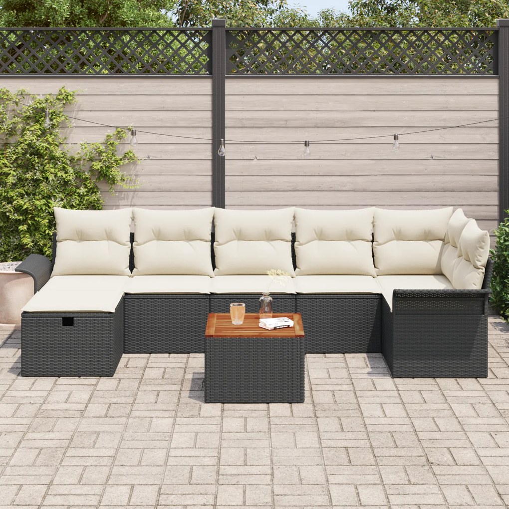 Conjunto de Sofá de Jardim de 8 Peças com Almofadas Preto Rattan Polié