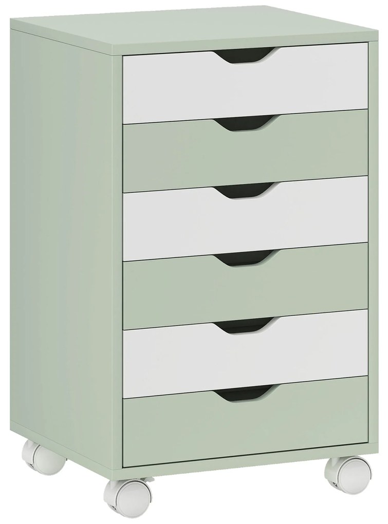 Bloco de Gavetas Móvel Arquivador com 6 Gavetas Suporte para Impressora com Rodas 40x35x63 cm Verde e Branco