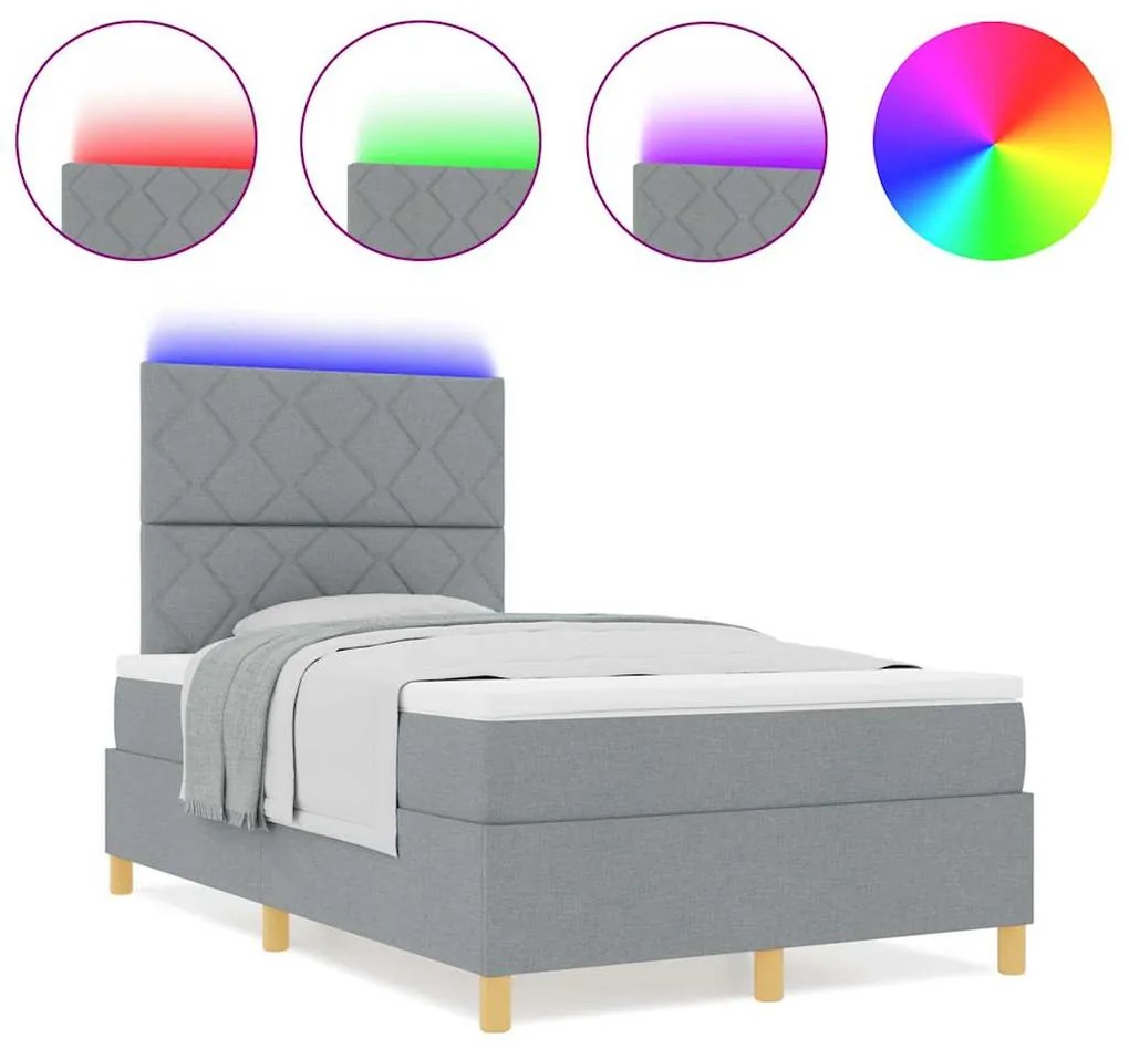 Cama Box Spring com Colchão &amp; LED Cinza Claro 120x200 cm Tecido