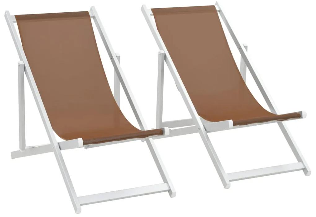 44350 vidaXL Cadeiras de praia dobráveis 2 pcs alumínio e textilene castanho