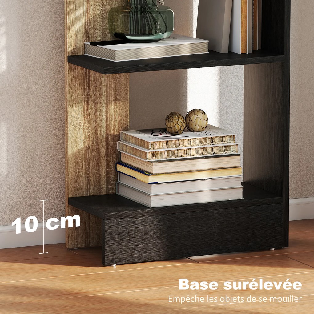 Estante de arrumação com 5 compartimentos abertos, 45 x 21 x 170 cm, preta e em cor carvalho