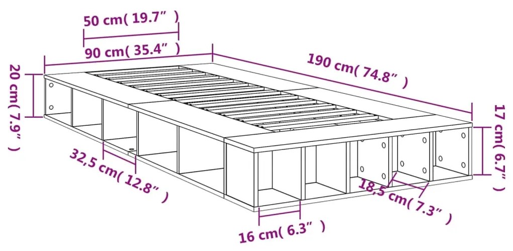 Estrutura cama 90x190 cm derivados de madeira carvalho fumado