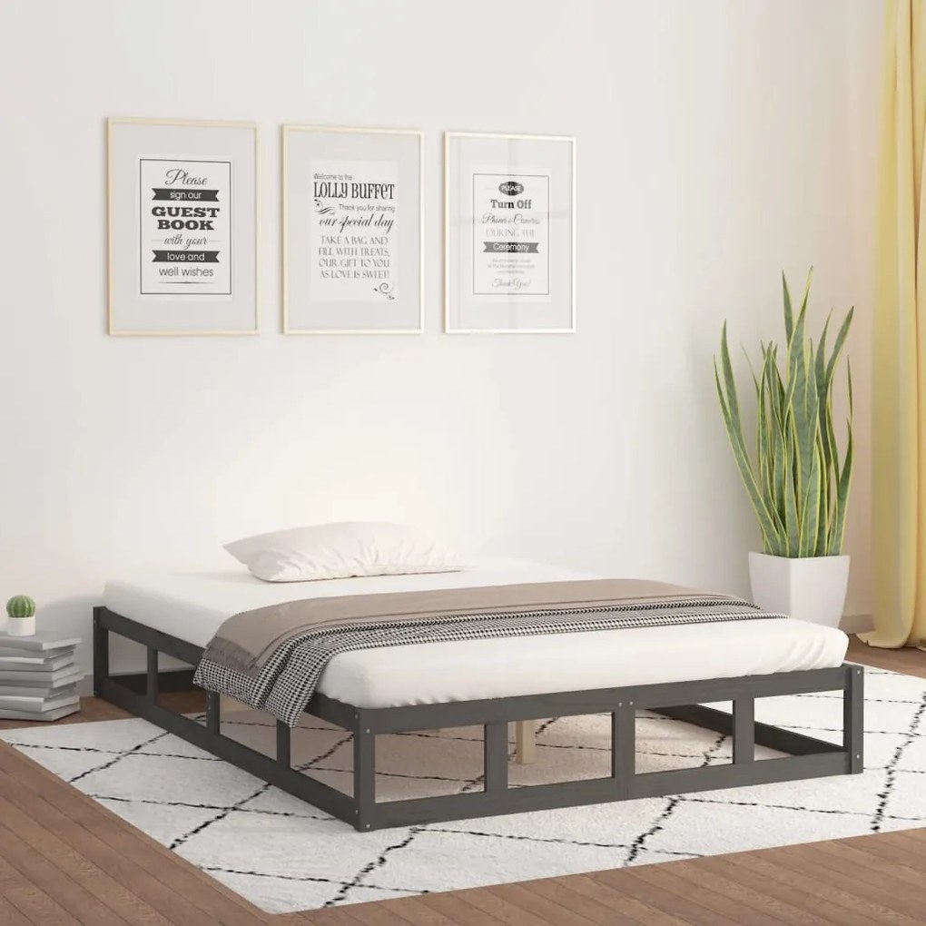 Estrutura de cama casal 135x190 cm madeira maciça cinzento