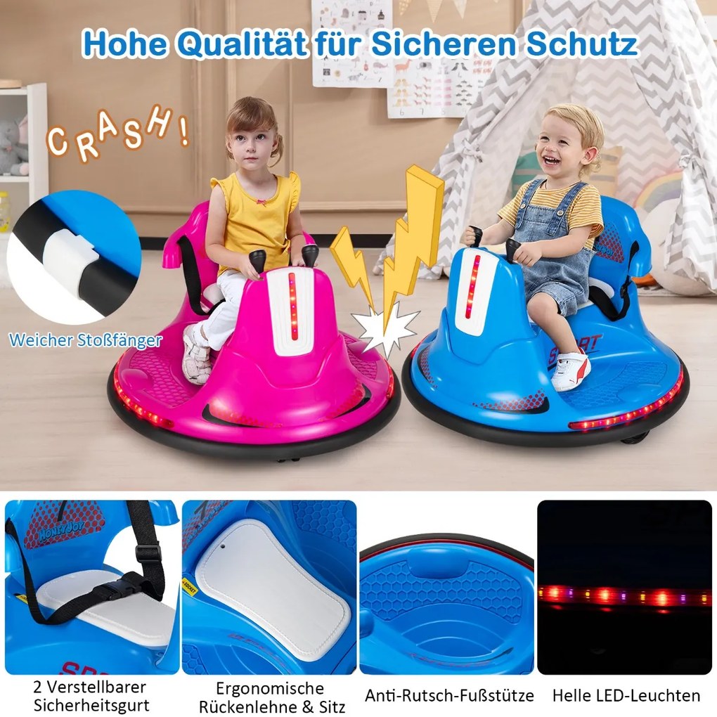 Carrinho de choque infantil 6V com rotação de 360 ​​graus, música e luzes LED coloridas rosa