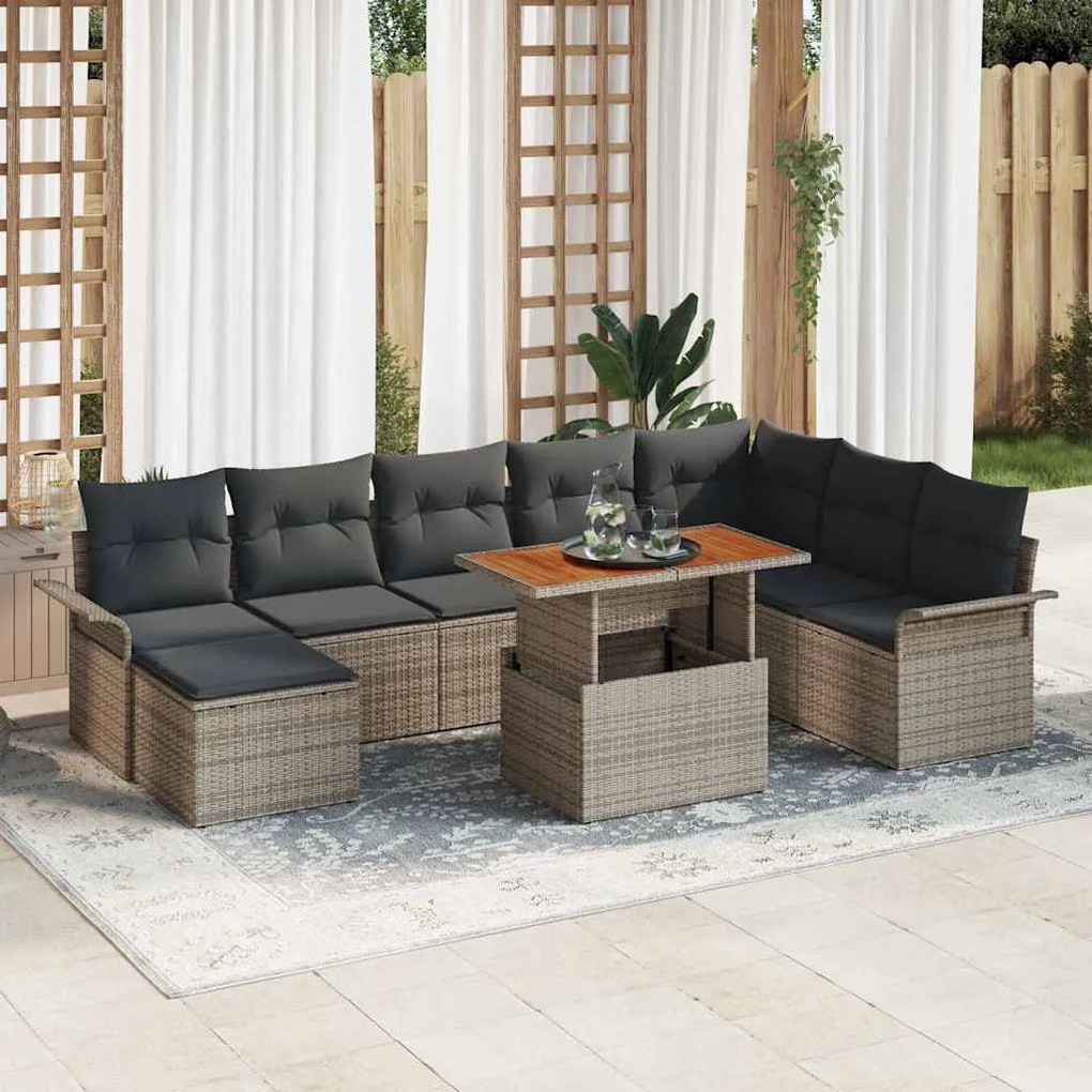 vidaXL Conjunto de Jantar para Jardim com 9 Peças e Almofadas Cinza em Rattan e Acácia