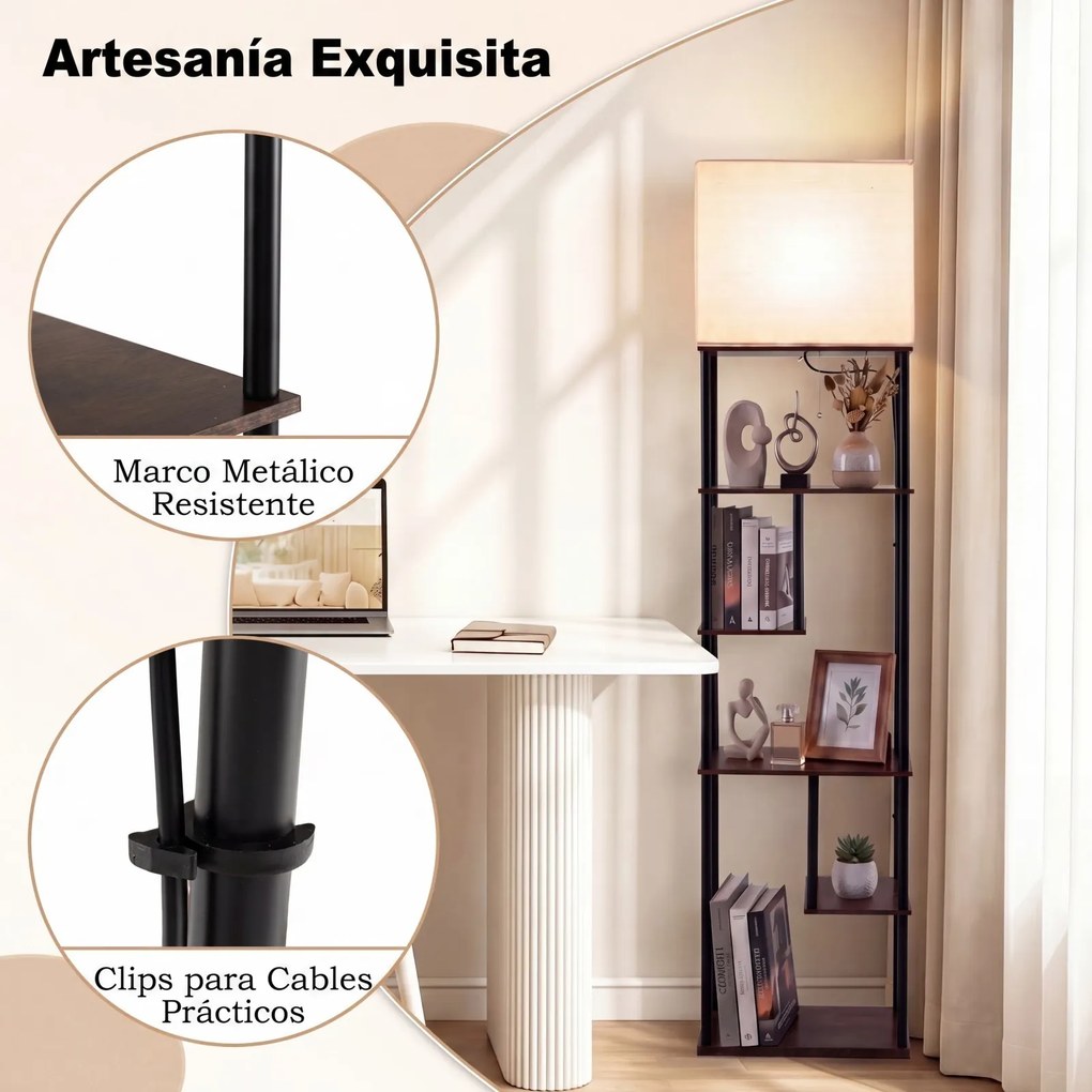 Candeeiro de pé industrial com 5 estantes abertos escalonados 40 x 29 x 172 cm, abajur de linho, Estrutura metálica e casquilho E27 para sala de estar