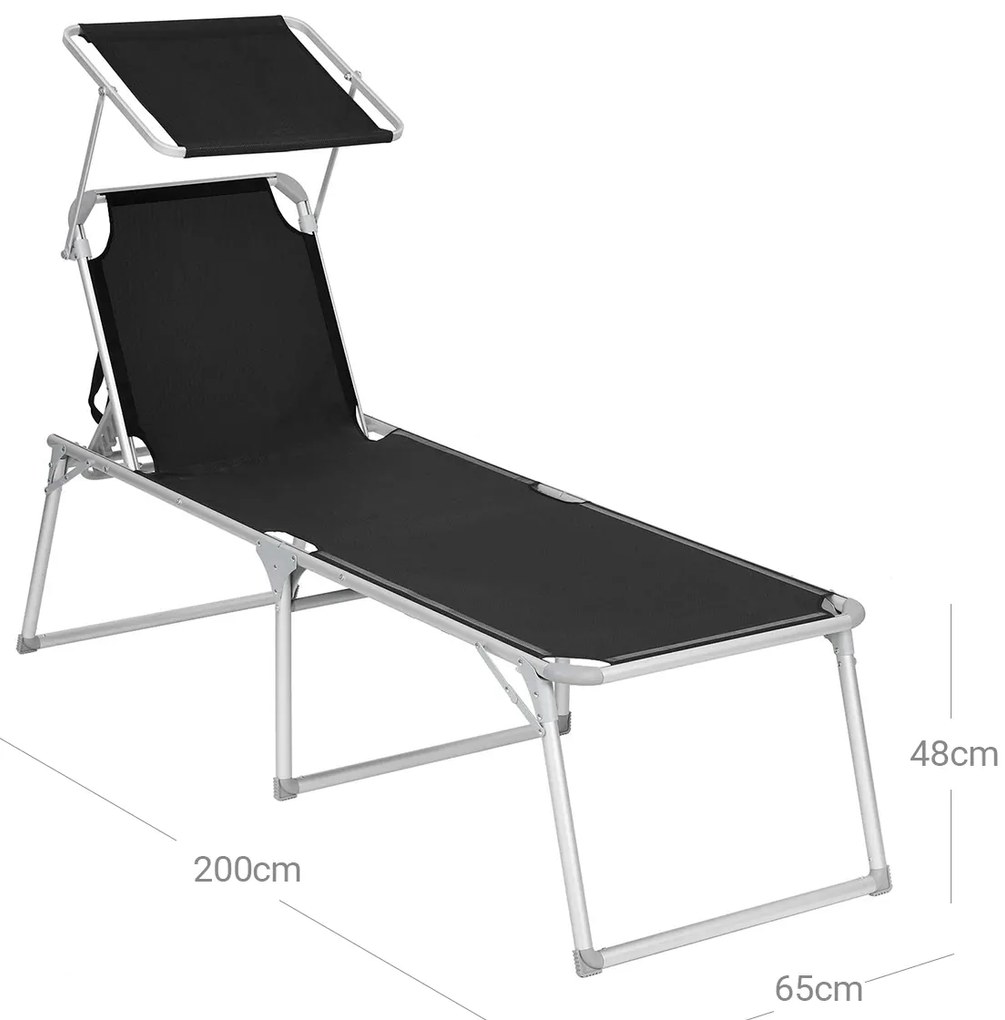 Espreguiçadeira jardim grande XXL 65 x 200 x 48 cm carga até 150 kg com pala de sol Preta