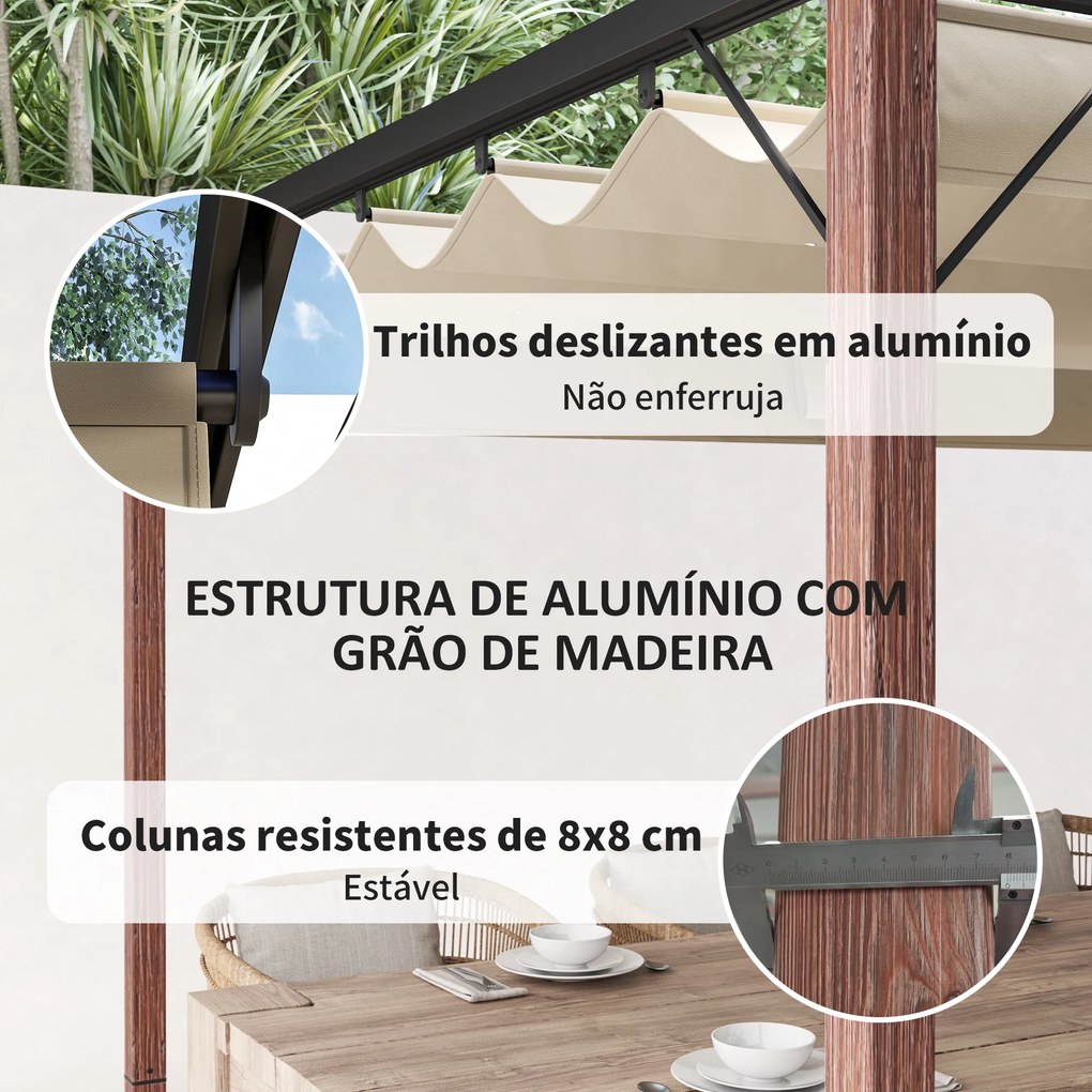 Pérgola com Teto Retráti Pérgola de Aluminio 382x300x232 cm com Toldo de Poliéster Anti-UV Pérgola de Jardim Bege e Madeira