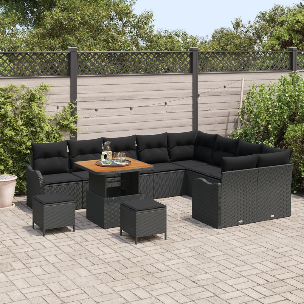 Conjunto de Sofás de Jardim vidaXL com Almofadas Pretas de Rattan Sint
