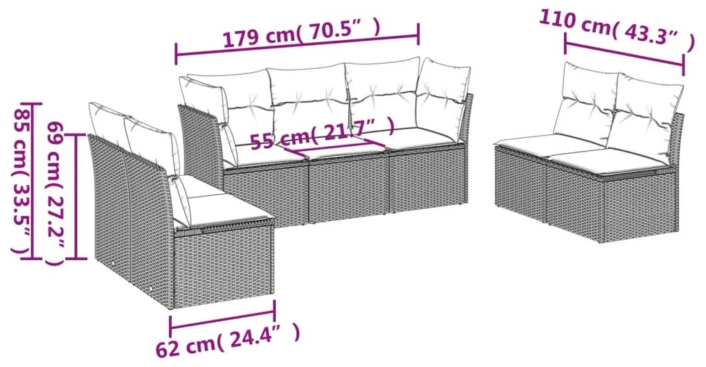 7 pcs conjunto de sofás p/ jardim com almofadões vime PE bege