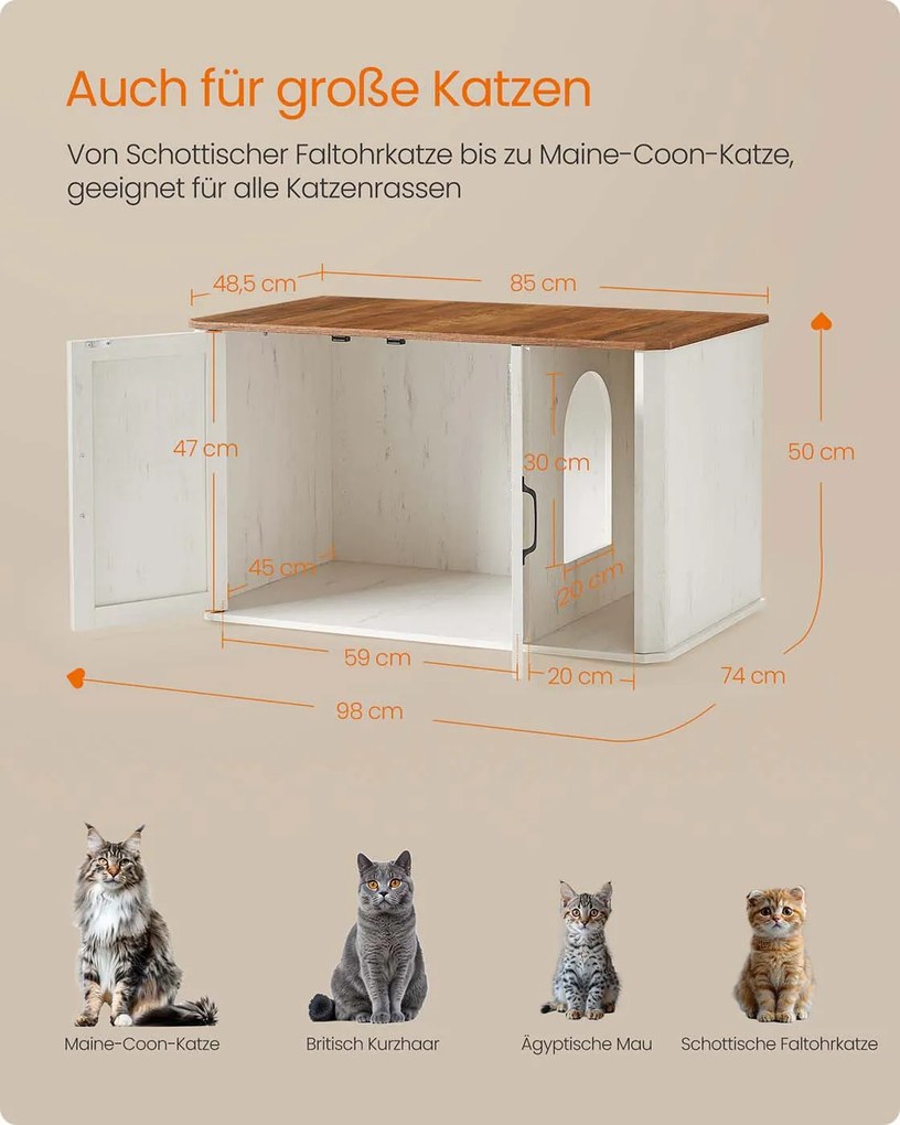 Armário para Caixa areia (não incluida) para gatos com entrada frontal 85 x 48,5 x 50 cm castanho mel-branco vintage