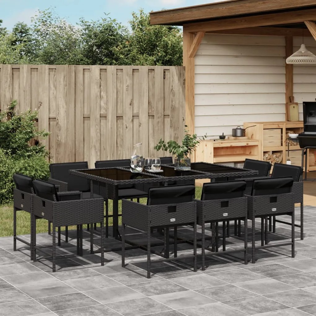 11 pcs conjunto de jantar p/ jardim c/ almofadões vime PE preto