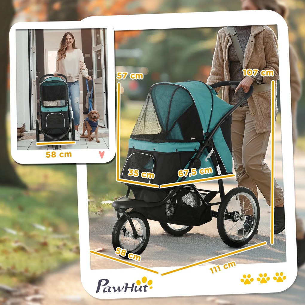 Carrinho para Cão Dobrável, 111 x 58 x 107 cm, 3 Rodas Todo-o-Terreno, Verde Escuro