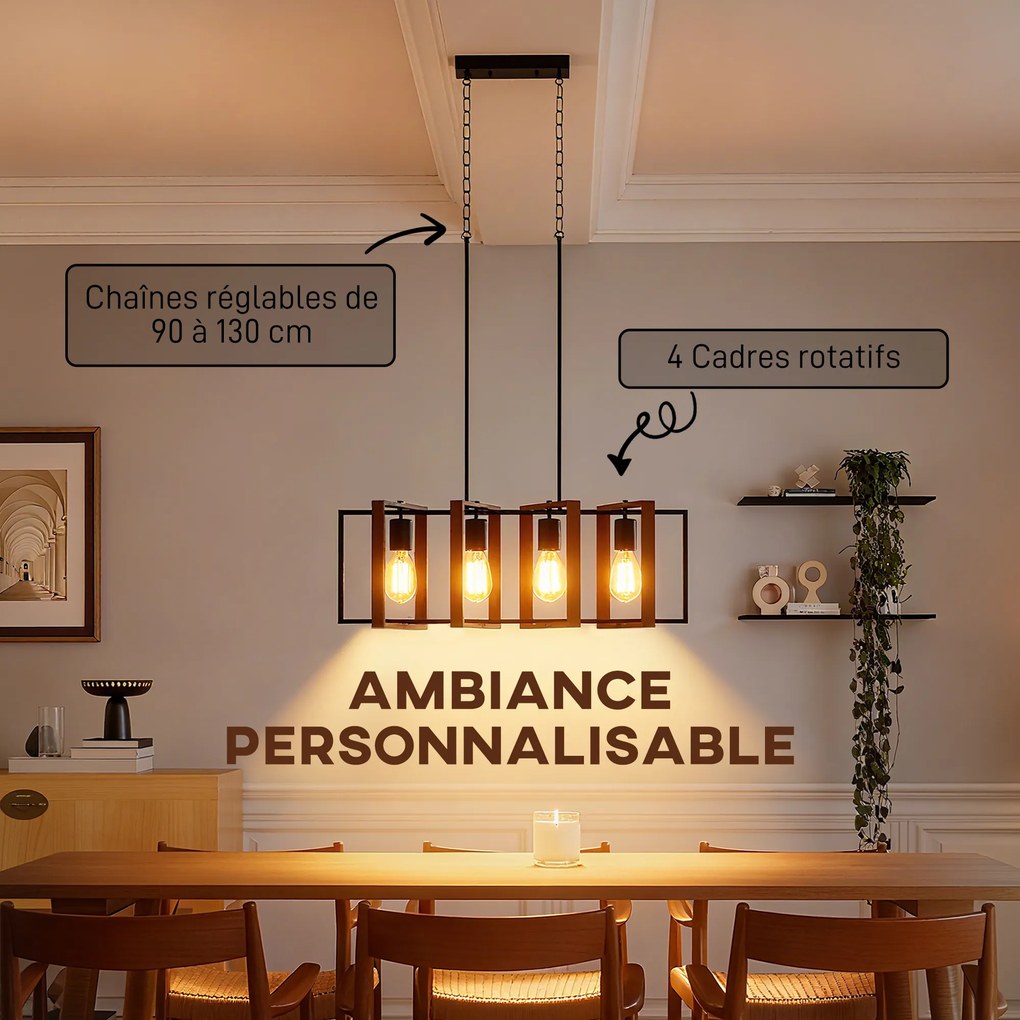 Candeeiro suspenso moderno, lustre de teto com 4 armações giratórias e altura ajustável, 80 x 21 x 90-130 cm, preto, cor castanho nogueira