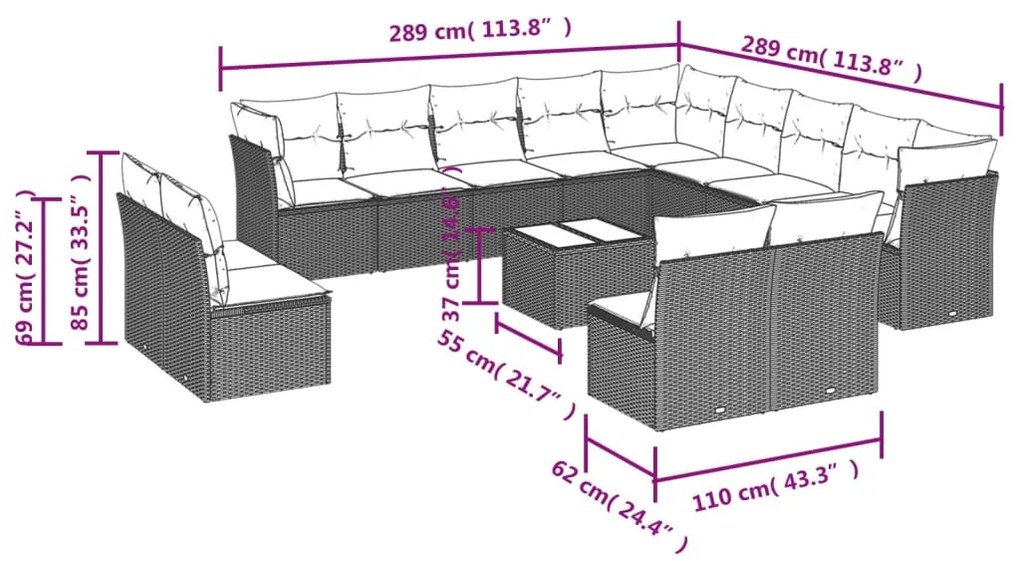 14 pcs conj. sofás jardim com almofadões vime PE cinzento-claro