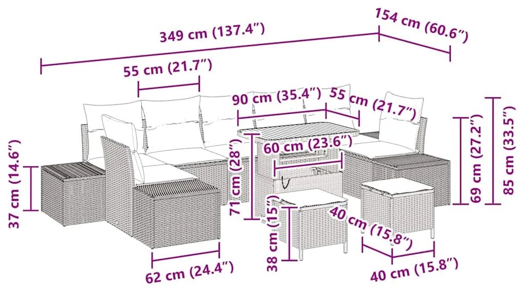 Sofá de Jardim em 10 Peças com Almofadas Polyrattan Preto e Acácia