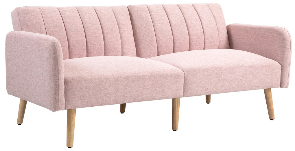 HOMCOM Sofá Cama de 2 Lugares com Encosto Ajustável em 3 Posições Apoio para os Braços e Pés de Madeira 173x75x73 cm Rosa