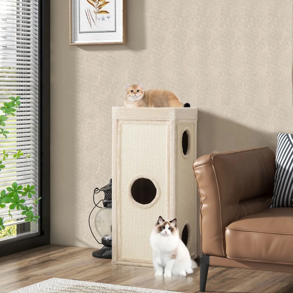 Casa para gatos com 3 cavernas e 3 esconderijos 40 x 40 x 99 cm, painéis para arranhar em sisal, cama superior com almofada removível e barril para ar