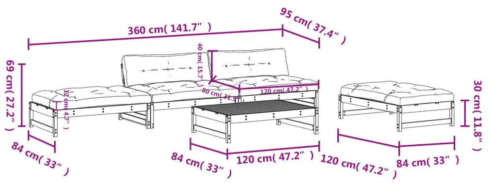 5pcs conj. lounge jardim+almofadões madeira maciça castanho-mel