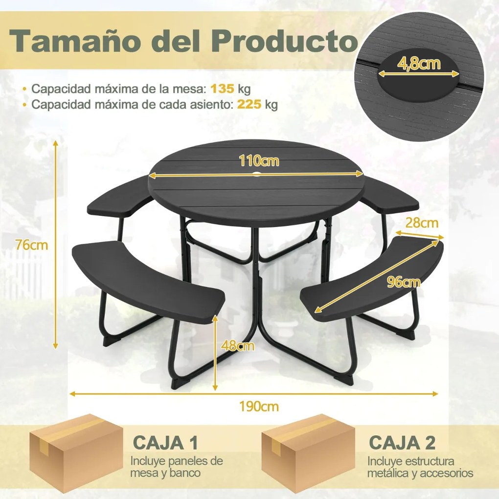 Conjunto de jardim para 8 pessoas com mesa e 4 bancos, orifício para guarda-sol e mesa de campismo redonda para piquenique no jardim Carga 225 kg Pret