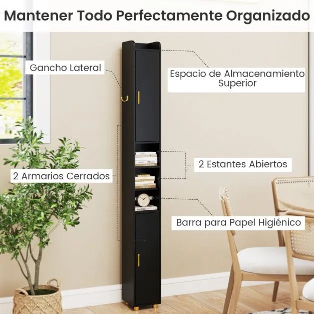 Armário Casa de Banho alto 20 x 20 x 179 cm com prateleiras ajustáveis e portas com gancho lateral e barra para papel higiênico Castanho