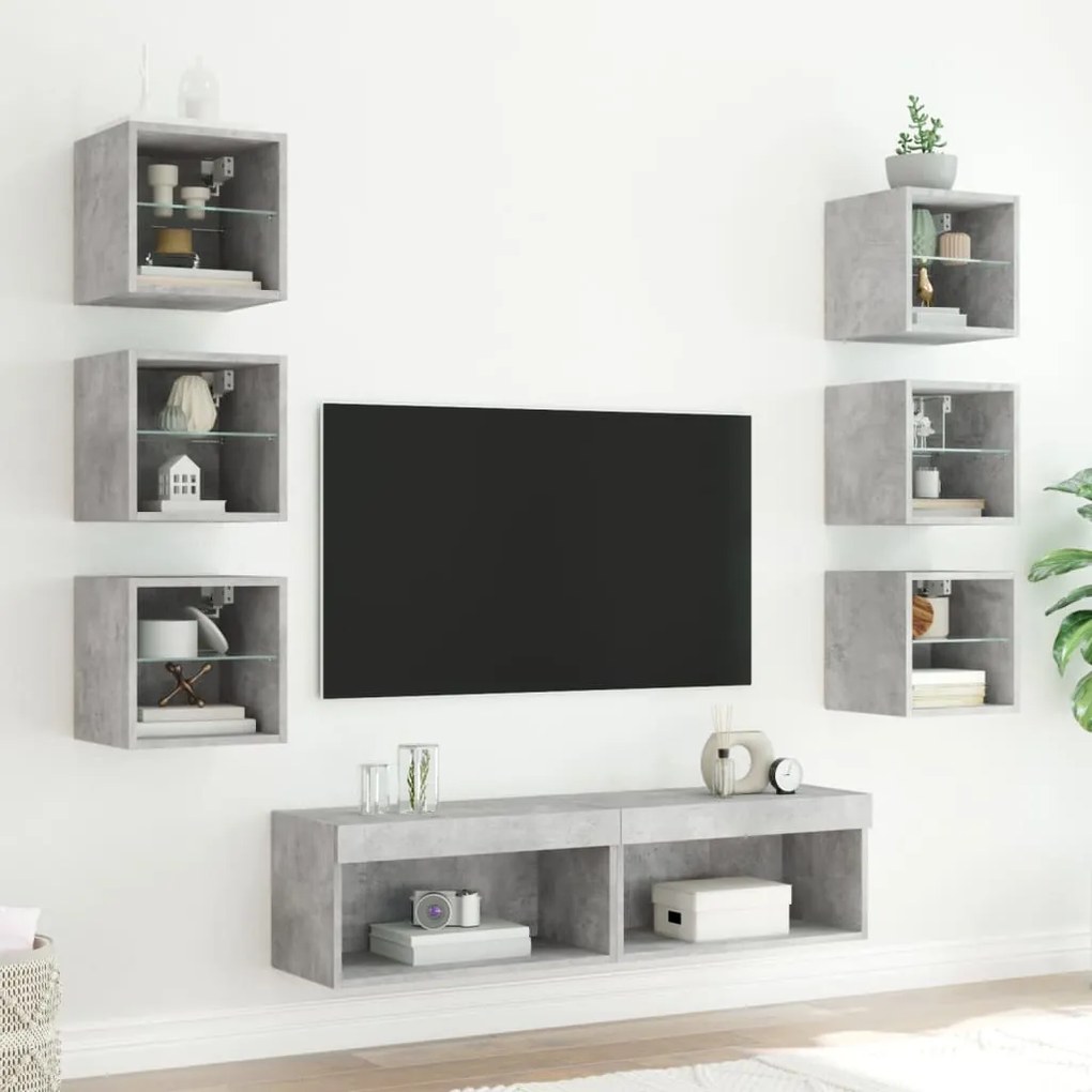 8 pcs móveis parede p/ TV c/ LEDs deriv. madeira cinza cimento
