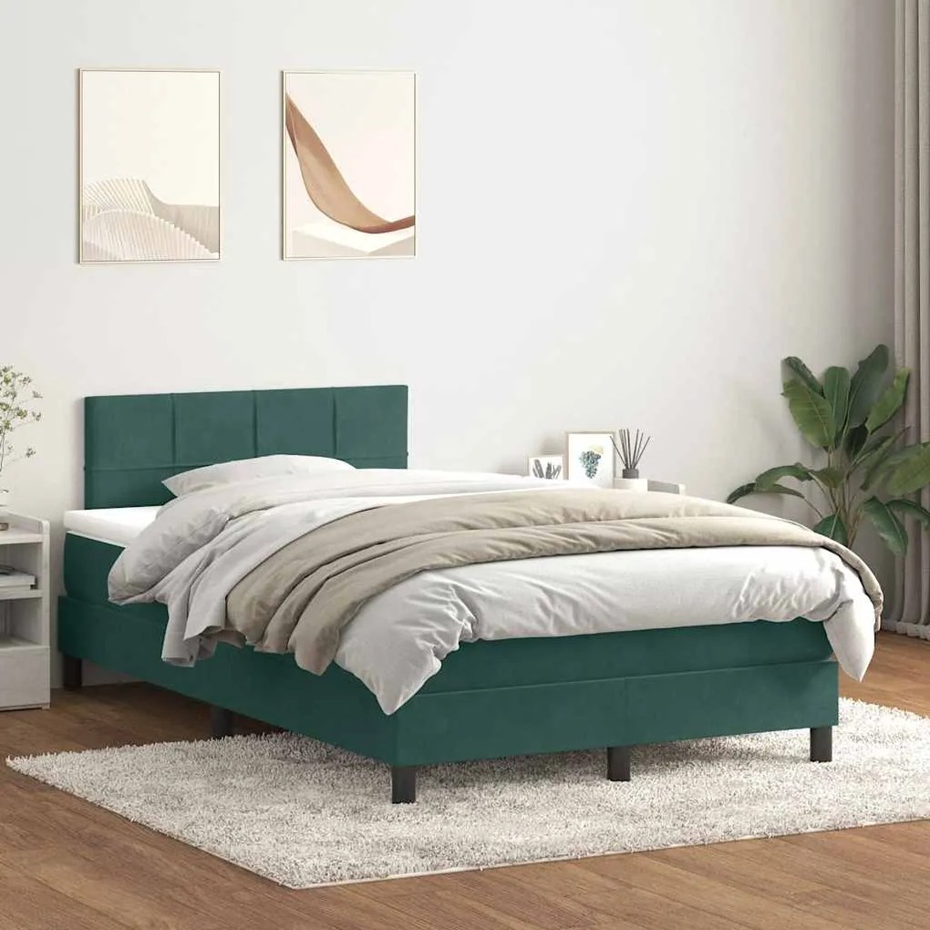 Cama boxspring com colchão 120x210 cm veludo verde-escuro