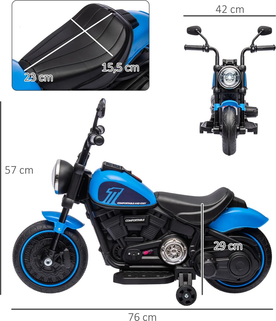Motocicleta Elétrica para Crianças de 18-36 Meses com Bateria 6V Farol e Rodas Auxiliares Removíveis 76x42x57 cm Azul