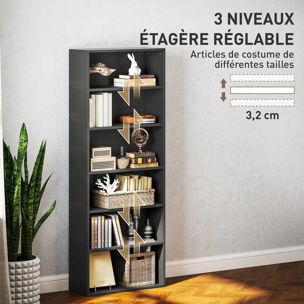 Estante de arrumação 60 x 24 x 158,5 cm com 6 níveis e prateleiras ajustáveis para sala de estar, quarto, escritório, preta