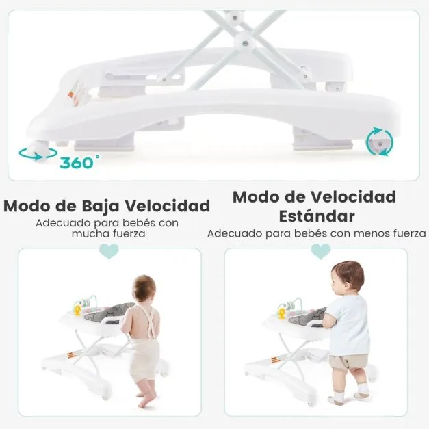 Andarilho dobrável para bebés 0-24 meses Centro de actividades com 3 alturas ajustáveis Assento almofadado Andarilho com rodas Cinzento