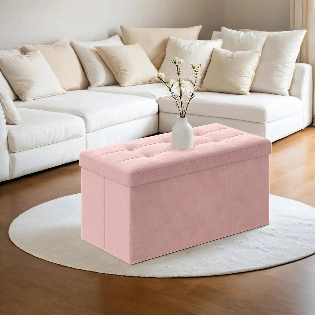 Banco com espaço de arrumação em veludo 38 x 76 x 38 cm rosa