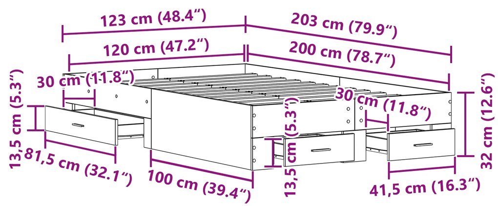 Estrutura de Cama vidaXL com Gavetas em Madeira Antiga 120x200 cm em M