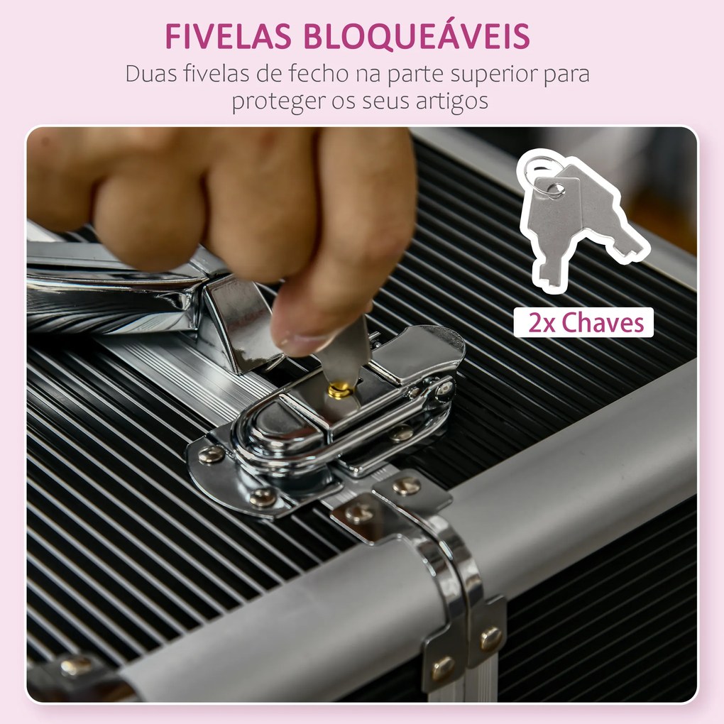 HOMCOM Mala de Maquilhagem Professional Mala para Cosméticos com Rodas 6 Gavetas Extensíveis Fechadura 2 Chaves e Alça Retrátil 36x23x58cm Preto