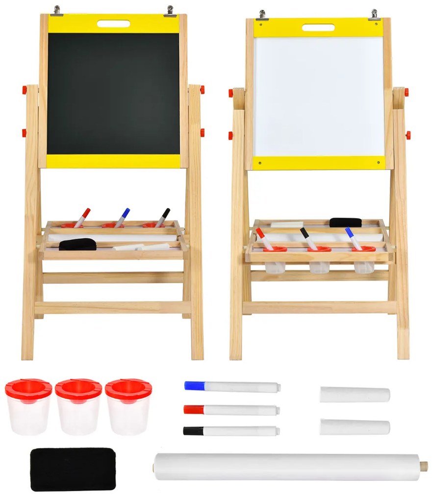 Quadro infantil 3 em 1 de madeira dobrável para crianças Pinturas em madeira Dupla Altura Ajustável com Apagador 3 Copos de Pintura Amarelo
