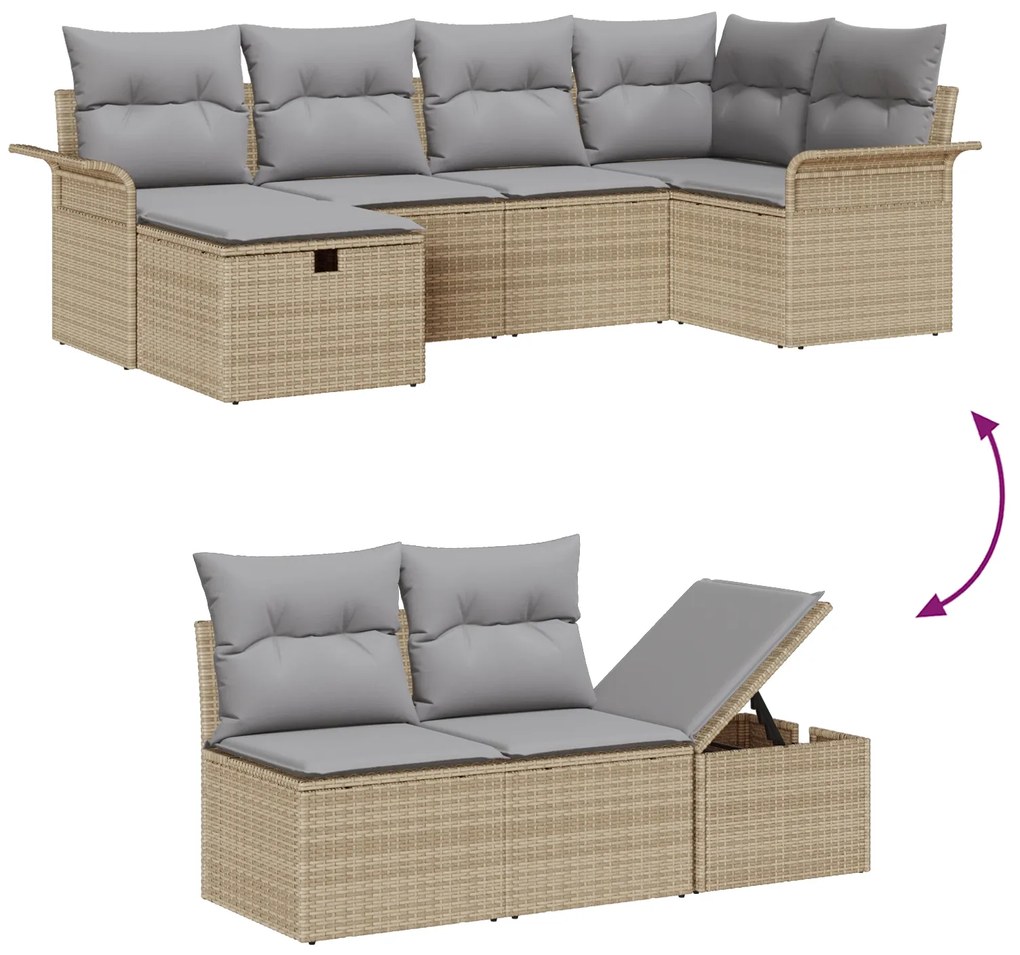 Conjunto de Sofás de Jardim de 6 Peças com Almofadas Bege Rattan Polié