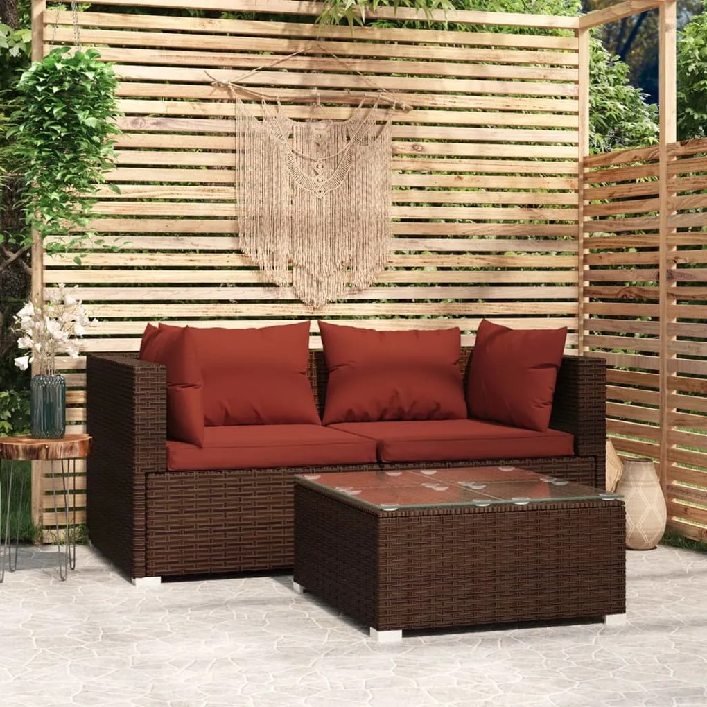 vidaXL 3 pcs conjunto lounge jardim c/ almofadões vime PE castanho