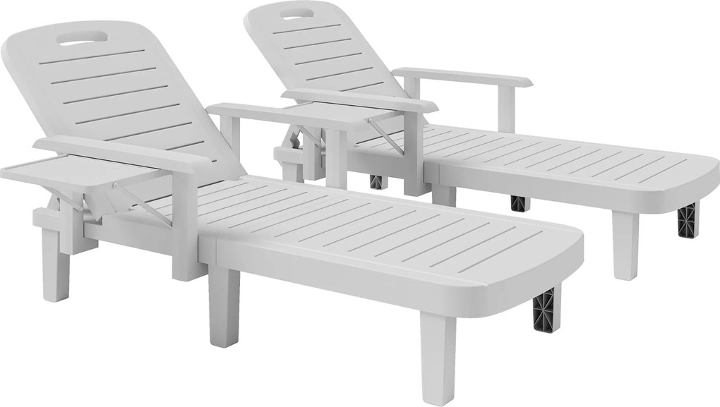 Outsunny Conjunto 2 Espreguiçadeiras de Jardim Reguláveis com Mesinha e Apoios de Braço, em Polipropileno, 79x158x88 cm, Branco | Aosom Portugal