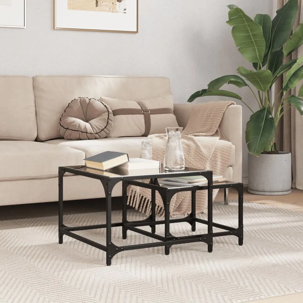 VidaXL Mesas de Café Nesting 2 peças com tampo de vidro preto em aço