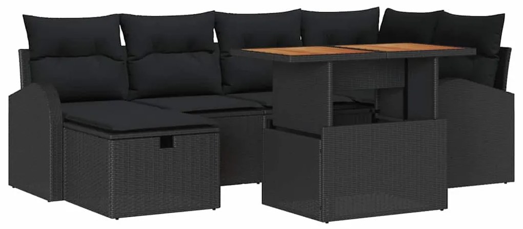 Conjunto de Sofá de Jardim de 7 Peças com Almofadas Pretas de Rattan e