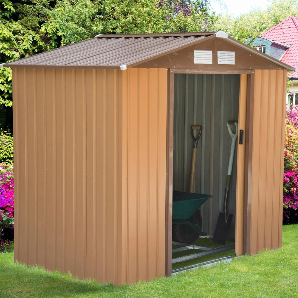 Abrigo de jardim de aço com porta deslizante e ventilação para armazenamento de ferramentas 213x127x185 cm marrom