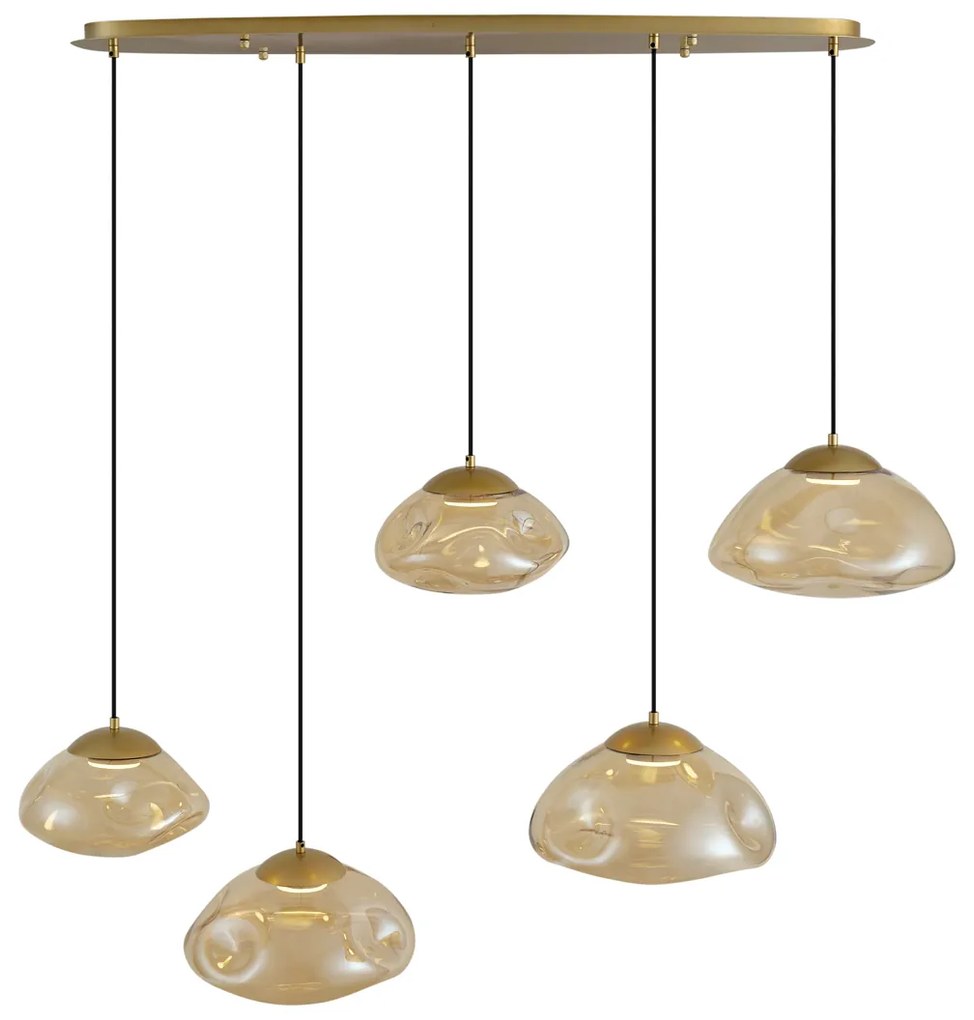 Candeeiro suspenso Hotel Chic latão com vidro âmbar 5-luzes - Gus Chique de hotel