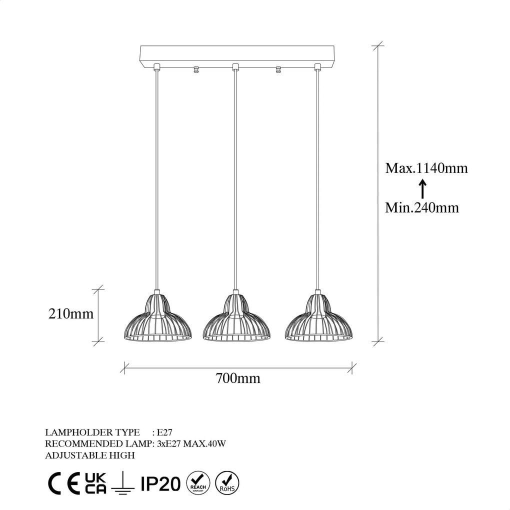 Candeeiro Suspenso Dopo – Ouro Brilhante – 70 x 20 x 114 cm