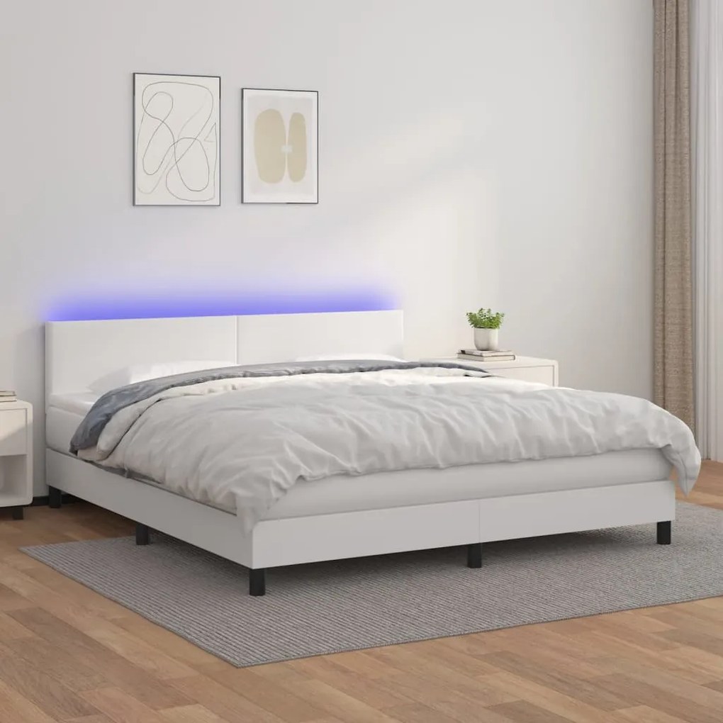 Cama box spring c/colchão/LED 160x200cm couro artificial branco