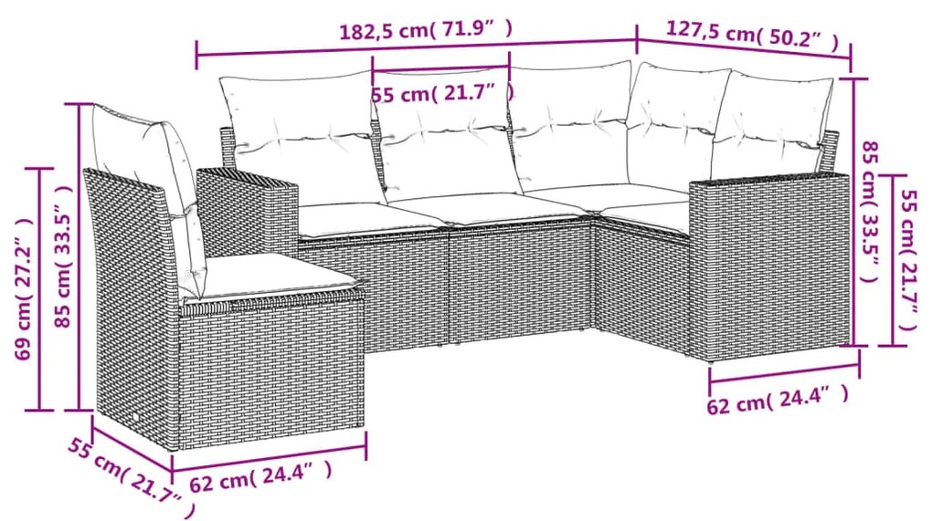 5 pcs conj. sofás jardim c/ almofadões vime PE cinzento-claro