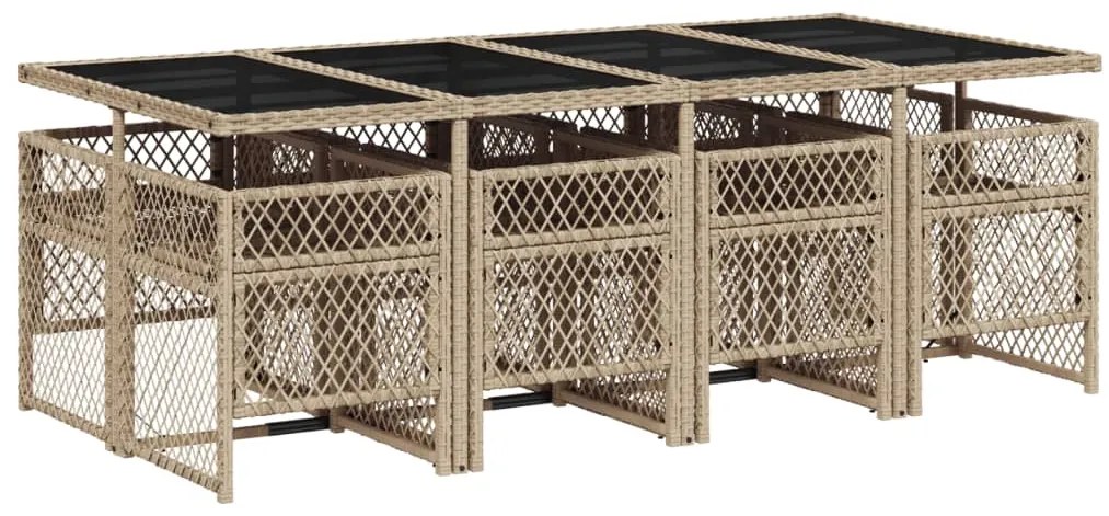 9 pcs conjunto de jantar p/ jardim com almofadões vime PE bege