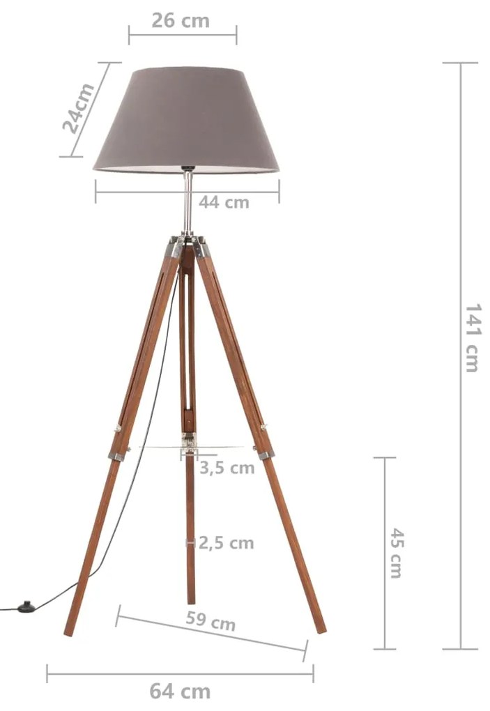 Candeeiro de chão tripé 141 cm teca maciça castanho mel/cinza