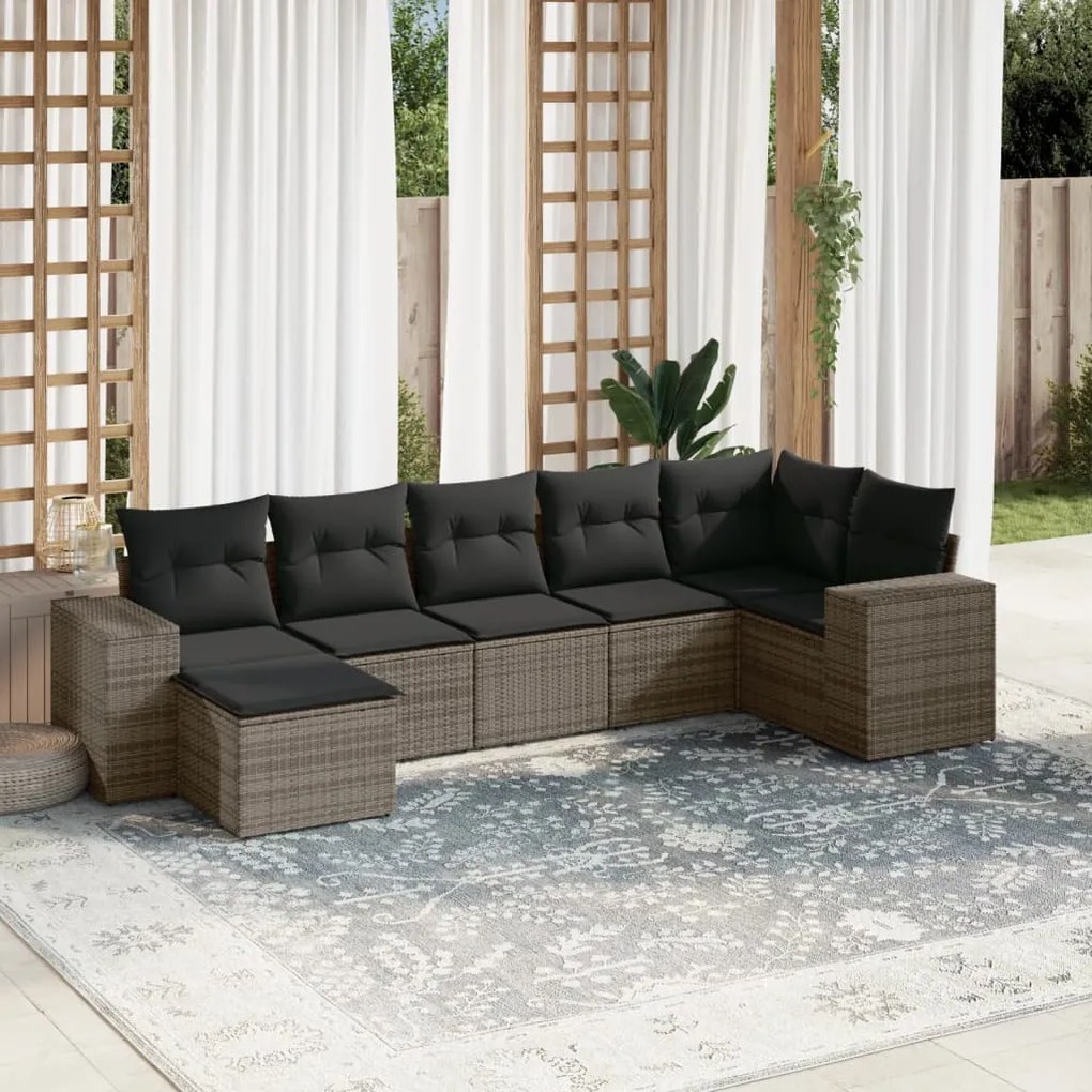 vidaXL 7 pcs conjunto sofás p/ jardim c/ almofadões vime PE cinzento