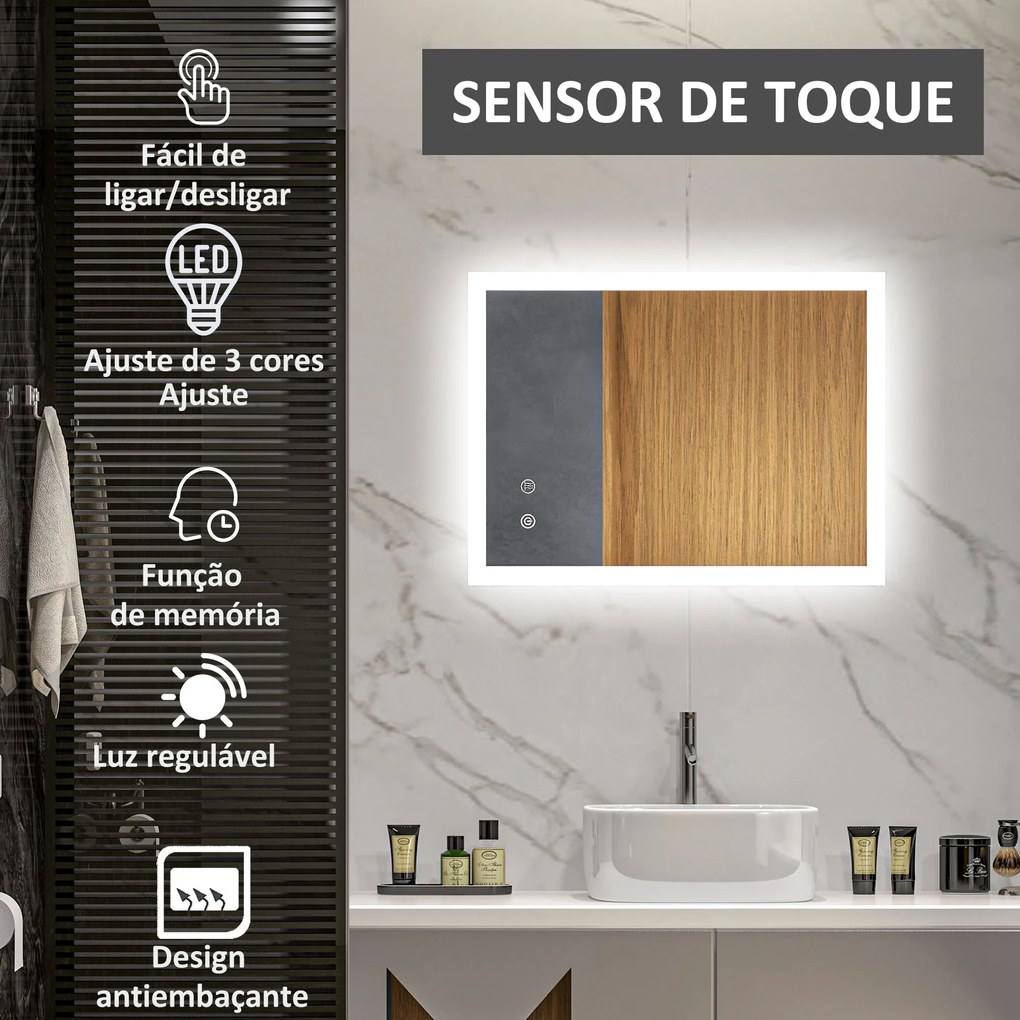 Espelho Casa de Banho com Luzes LED 80x60 cm Função Antiembaciamento 3 Cores Função de Memória e Interruptor Tátil Prata