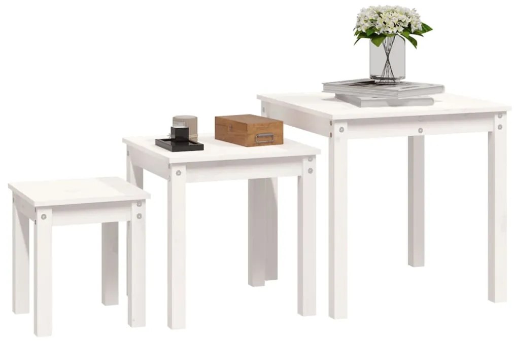 Mesas de encastrar 3 pcs madeira de pinho maciça branco