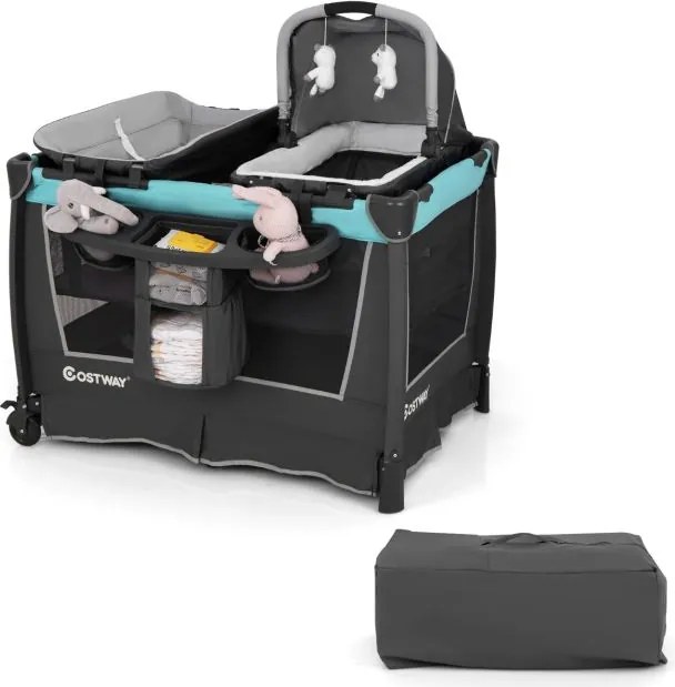 Berço dobrável 5 em 1 com berço removível 103 x 74 x 73 cm, trocador e bolsa de transporte com rodas Centro de cuidados portátil cinza + verde